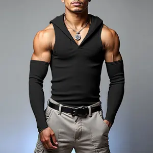 INCERUN Men's 2025 Fall Hooded V-Neck Thin Knit Vest Paired With Sleeveless Tee, Casual Sporty Streetwear Style.