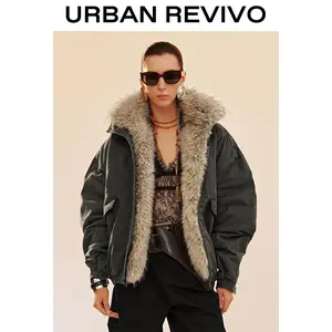 URBAN REVIVO Women's Long Sleeve Faux Fur Collar Padded Bomber Jacket - Ladies' Casual Chic Outerwear for Elegant Outfits, Tops Style Coats with Elegance, Casual Jacket Coat, UYV150082