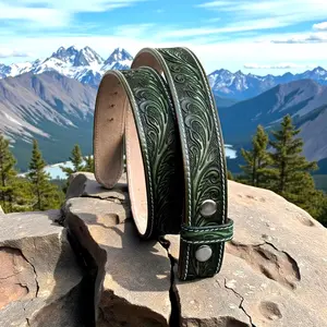 Personalized Floral Western Green Strap Belt Handmade Full Grain Leather Snap-On Design No Buckle Embossed Belt Father's Day Gift