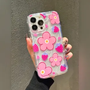 New Strawberry Big Pink Flower Transparent Mobile Phone Case Compatible With iPhone 13/16/17pro/15 Promax/X/Xs Max and Samsung S25 Soft Shell Mobile Phone Case - Easter, Christmas, Halloween Gift Ideas, Suitable For Her, Him, Friends Or Yourself