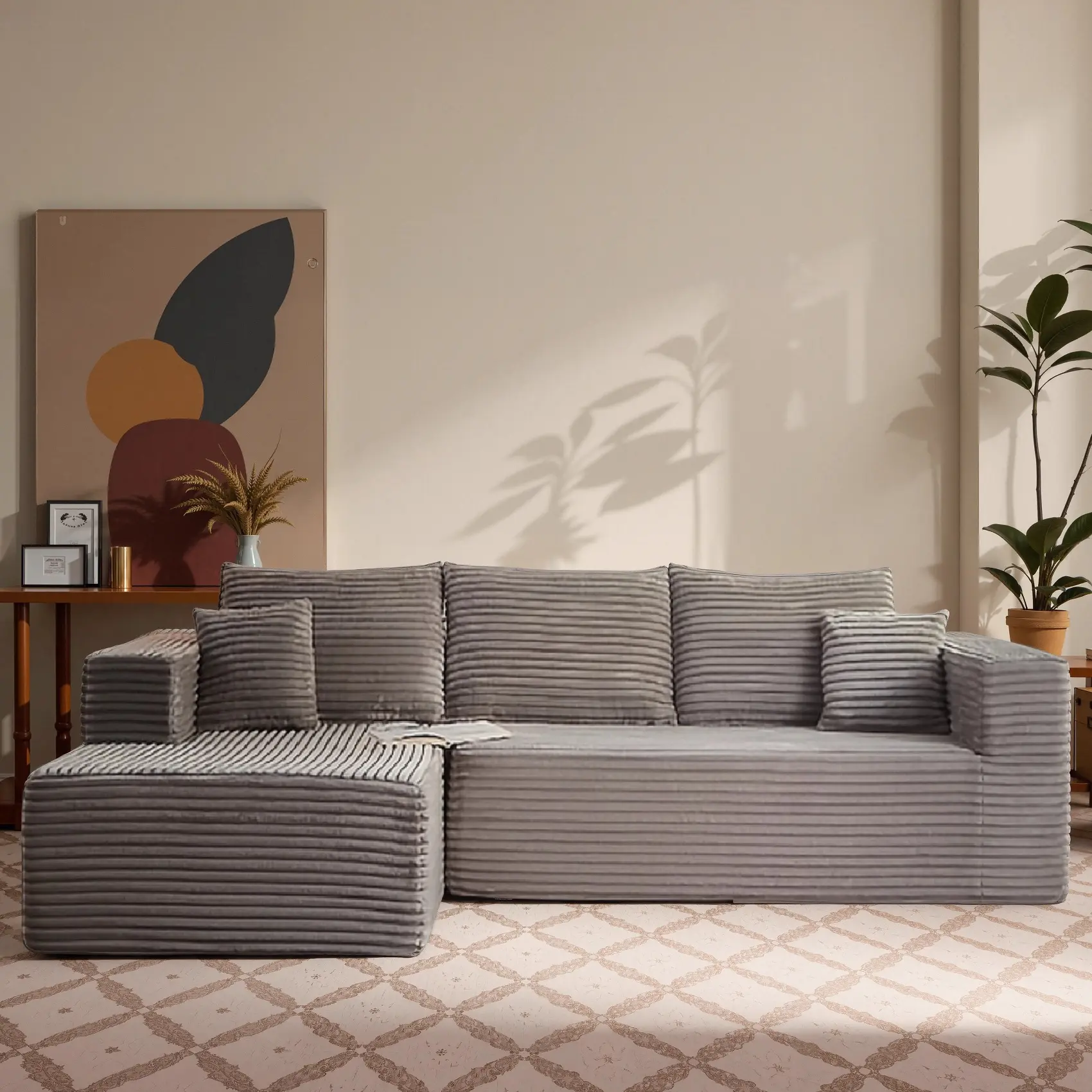 Khaki L-shaped sofa (left)