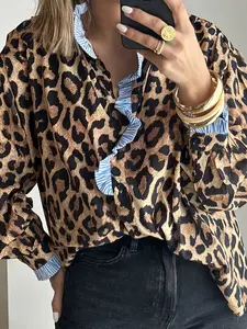 Elegant Plus Size Women's Shirt, Casual Leopard Stripe Patchwork, Frill Stand Collar Long Sleeve Blouse, New Arrival Fashion Top