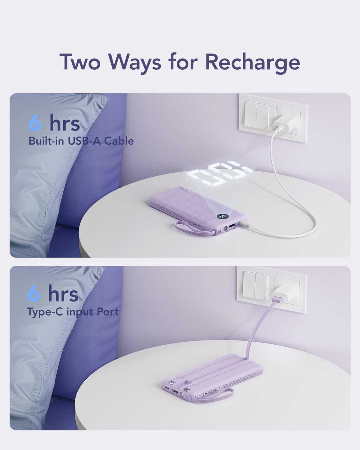 VRURC 10000mAh Portable Charger Power Bank with 4 Built-in Cables, LED Display, Lavender Accessory for iPhone, Samsung – Everyday Carry, Multiple Device Charging Essential, Accessories, Battery Power Bank, Rechargeable Tech