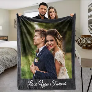 Custom Photo Flannel Blanket - Personalized "Love You" or "Forever" Design, Soft and Comfortable for All Seasons, Tear-Resistant and Anti-Allergy, Black with White Edges, Suitable for Sofa, Bed, Camping, and Office