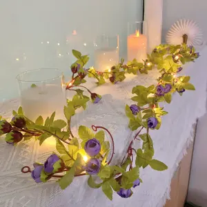 Simulation Rose String Lights Hanging Vines Plant Garland Silk Artificial Flower Vines Light Battery Powered for Home Garden Wedding Party Decor (Purple 42head)