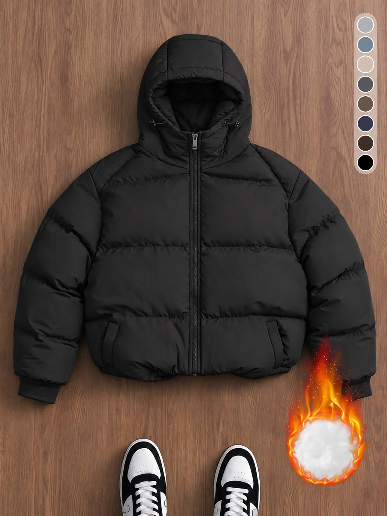 Men Solid Color Hooded Puffer Jacket Adjustable Drawstring Hood Full Zip Ribbed Cuff Warm Thick Filling Loose Winter Streetwear Multi Color Coat