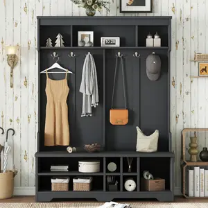 Modern Hallway Hall Tree with Metal Hooks and Storage Space, Multi-Functional Entryway Coat Rack with Shoe Cubbies, Black
