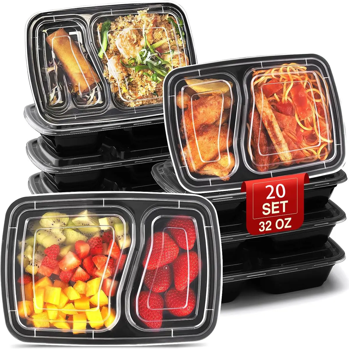 10 packs of 32 oz (approx. 947.2 ml) meal preparation containers, 2 compartment food containers with lids, microwaveable containers, eco-friendly reusable bento lunch boxes, black plastic containers for lunch