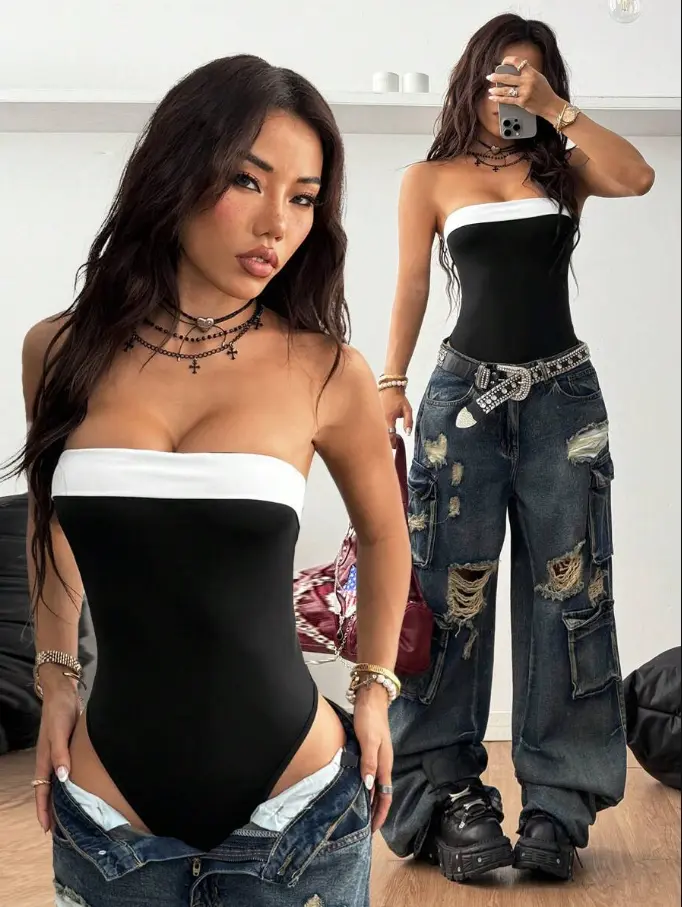 LUNA LAYER Women's Knitted Twist Comfortable Soft Fabric Asymmetrical Colorblock Black White Sleeveless Strapless Slim-Fit Tube Jumpsuit - Chic Evening Party Night Out Statement Piece