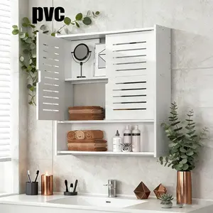 Wall-mounted bathroom cabinets with louver doors, 3-story bathroom wall cabinets with open storage racks, modern white wall cabinets for bathrooms, kitchens, living rooms