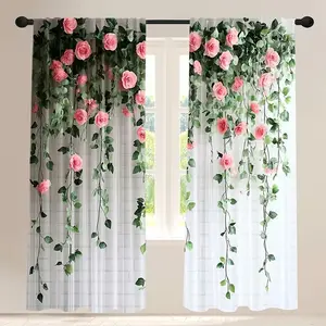 Elegant Floral Garden Style Curtains, Window Curtain, Vibrant Roses and Leaves Design, 100% Polyester Fiber, Living Room and Bedroom Decor