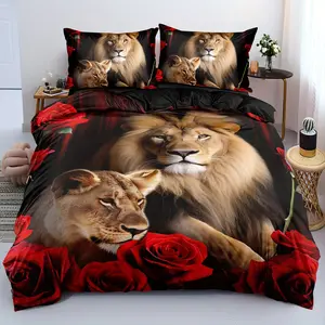2/3 Piece Quilt Cover Set Soft and Comfortable Black Lion Quilt Cover Set Large Lion Double Bedding Set for Boys 3D Animal Print Quilt Cover Queen Size Red Rose Queen Bedding Set (1* Quilt Cover + 2* Pillowcases Not Included)