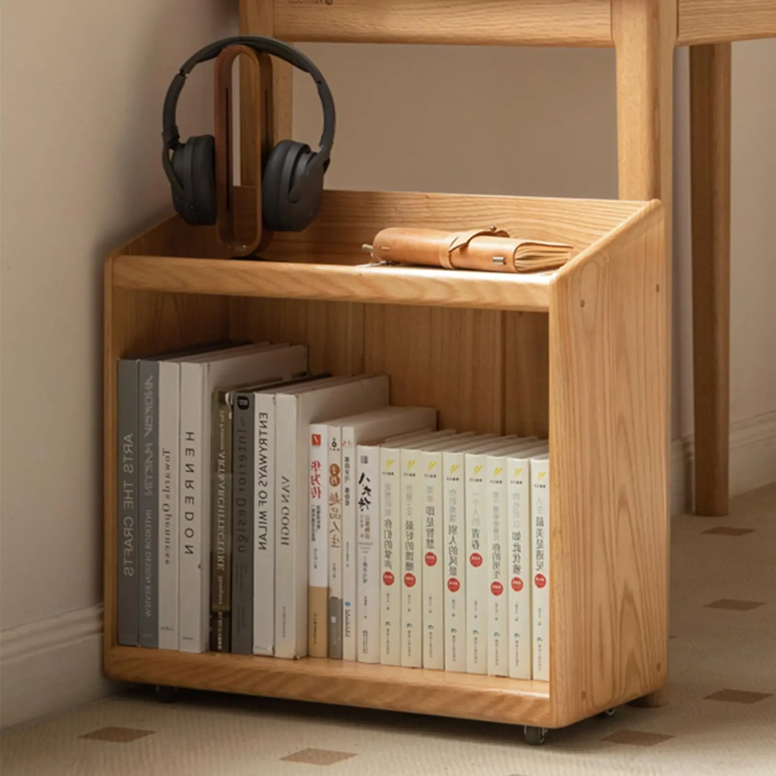Wayshome Small Bookshelf Under-Desk Movable, Solid Wood Rolling Storage Cabinet for Study, Living Room, Home Office, Bedroom(9.06" D x 21.26" W x 20.08" H)