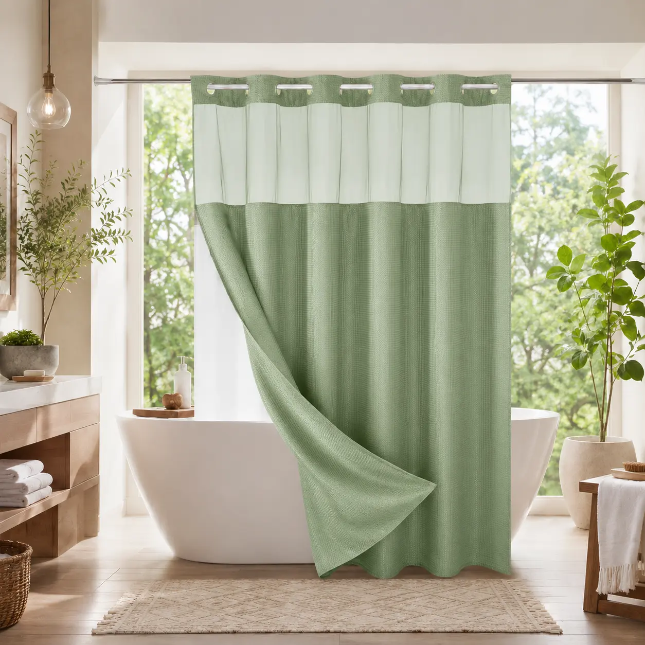 Double Layer Waffle-Pattern Shower Curtain - NoHook Snap-in Liner, Fabric Waterproof Inner & WashableWhite Outer Cloth, Modern Bathroom Accessory for Home/Hotel/Salon/Dorm, 72x75 Inch