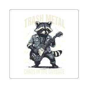 Square Stickers - Rock and Roll Raccoon Guitar Player Trash Bandit Design