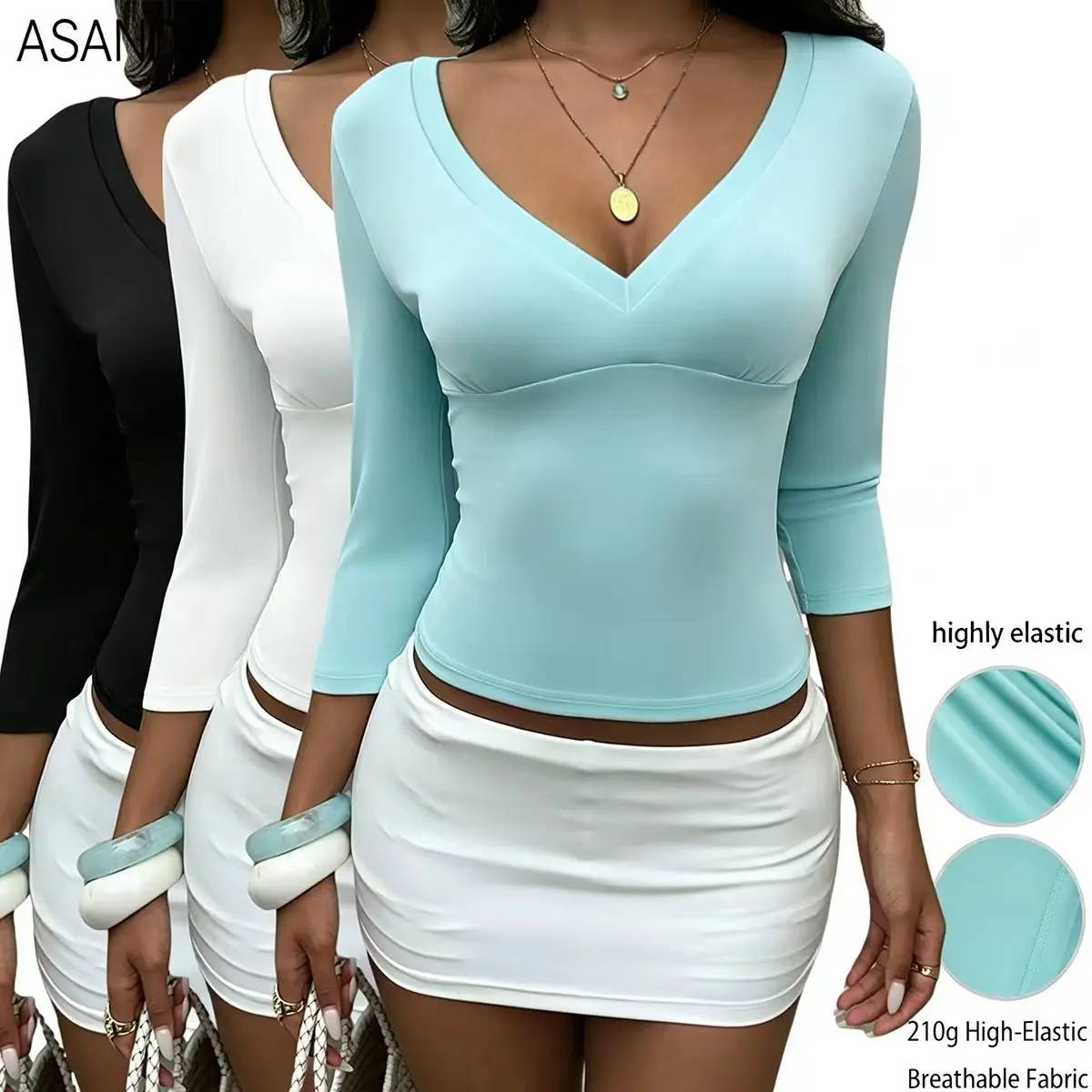 ASANDY Tops for Women 3-Pack, Deep V-Neck Cross Wrap Style, Basic Slim Fit Longsleeves Blouse, Comfortable Soft Fabric for Going Out, Shirts For Women