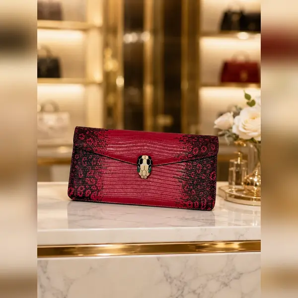Pre-owned Bvlgari ltely1 Clutches & Wristlets Serpenti Forever Lizard Embossed Leather Clutch Wallet Red Black LA23266264