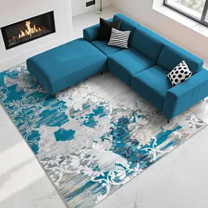 Blue 9x12 Large  Abstract Faux Cashmere Print Rug with Non-Slip Backing, Machine Washable, Low Pile Rug for Living Room, Bedroom, Dining Room, 4x6, 5x7, 6x9, 8x10, 9x12 Feet