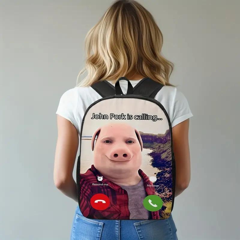 1pc Funny "John Pork is Calling..." Backpack for Adults - Large Capacity Commuter Bag with Ergonomic Double Strap Design, Washable Zipper Closure, Stylish Durable Shoulder Pack for Daily Commute & Outdoor Use, Commuter Bag | Playful Backpack