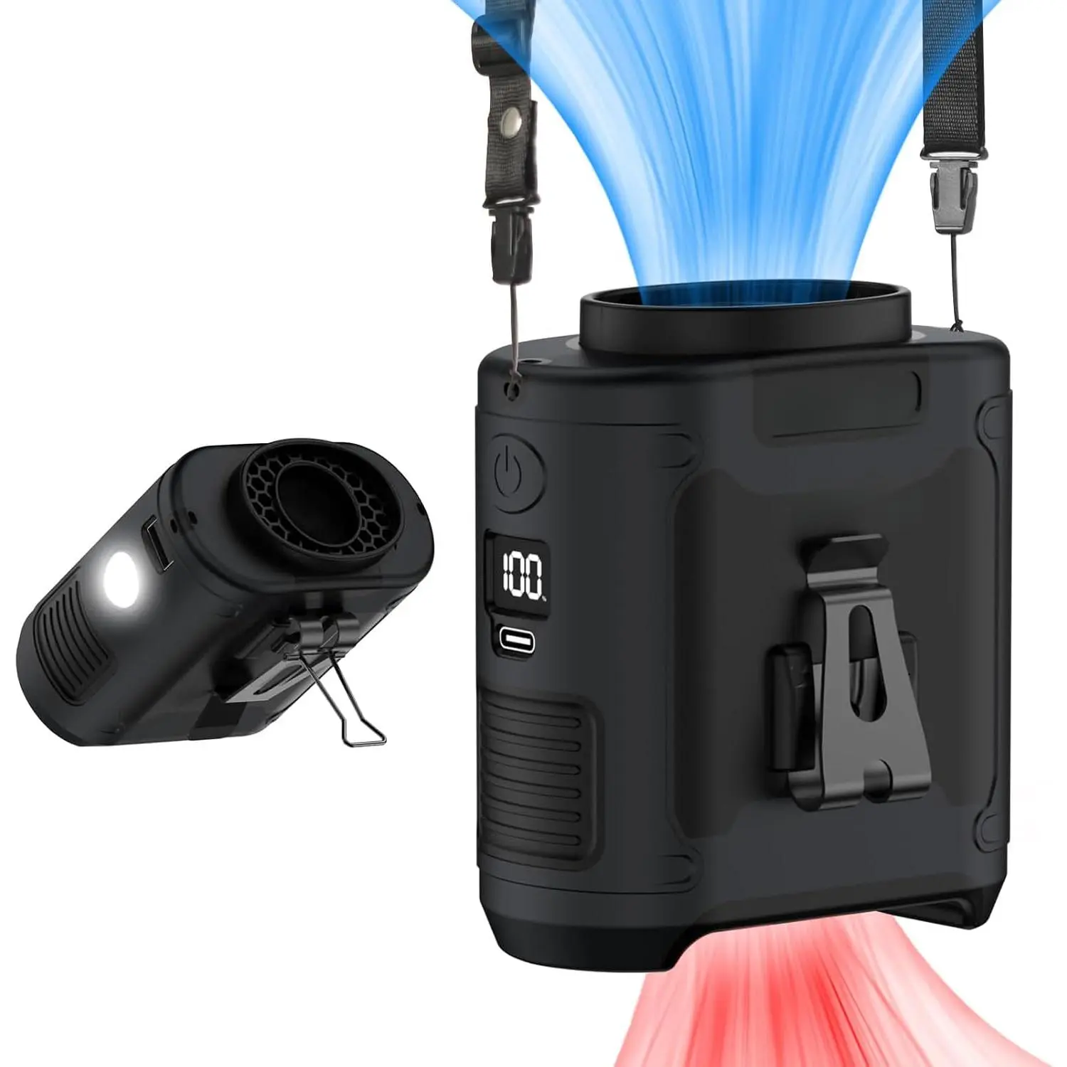 14500mAh Portable Waist Fan Clip on Belt 360 Rotation Wearable Rechargeable Personal Shirt Fan, 67H Cooling 5-Speed Battery Operated with Light, Neck Fan Hands-Free for Outdoor Jobsite Camping