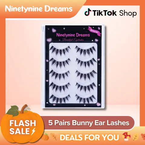 Ninetynine Dreams 5 Pairs Bunny Ear Lashes | Dramatic Spiky False Eyelashes Anime Manhua Douyin Style — Reusable Ultra-Thin Flexible Band Strip Lashes for Bold Glam Makeup Looks