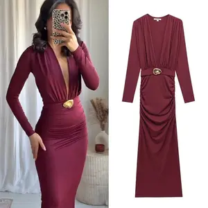 TRAF Burgundy Evening Long Dresses 2025 Spring Women's Long Sleeve Dress Fashion Elegant Party Prom Vintage Midi Dress Vestidos