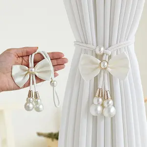 Elegant Artificial Pearl Curtain Tiebacks, Adjustable Curtain Rings with Cute Bow Decor, Suitable for Bedroom, Living Room, Bathroom, Kitchen, Study, Adjustable Curtain Hooks