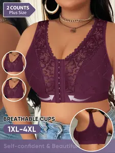 Plus Size Women's Wireless Bra Set, Full Coverage Soft Fabric, Medium Support, Casual Plain Design, Unlined, All Seasons, Supportive Bra