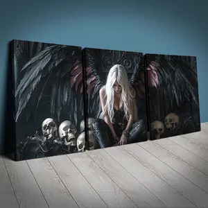 Gothic Angel Skull Feather Canvas Art Set, 3-Piece Wall Decor, Wooden Wall Art, Modern Gothic Design, Home Office Cafe Decoration