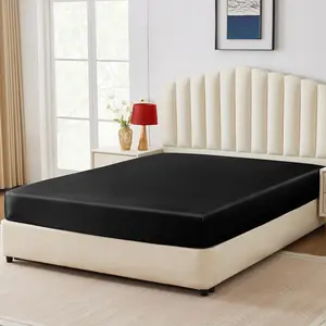 Satin Fitted Sheet Queen Size, Black Silky Satin Bed Fitted Sheet Only with Microfiber, Deep Pocket, Single Bottom Sheet Sold Separately, Breathable, Smooth and Soft