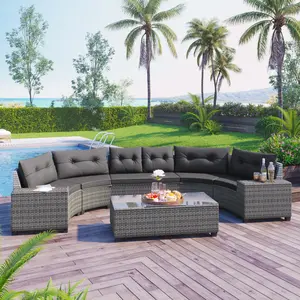 8 Pieces Outdoor Wicker Round Sofa Set, Half-Moon Sectional Sets All Weather, Curved Sofa Set With Rectangular Coffee Table, PE Rattan, Movable Cushion, Gray