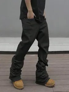 Men's Solid Color Button-Fly Flared Jeans - Slim-Fit & Casual Style, Comfortable with Pockets, Featuring Frayed Cuff Design. Suitable for Daily Wear; Also a Versatile All-Season Bottom for Men (Extended Fit).