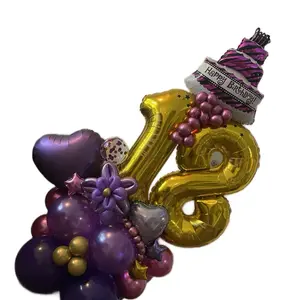 Balloons Bouquet for Birthday Party - Purple and Gold Balloons with Assorted Flowers and Heart-Shaped Elements