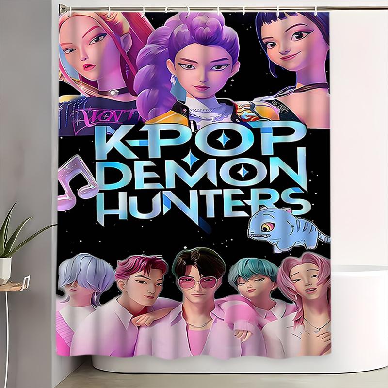 Creative K-Pop Demon Hunters Shower Curtain Set, Fantasy Cute Pet Design, Bathroom Accessories, Includes Bath Mat, Toilet Lid Cover, Hooks