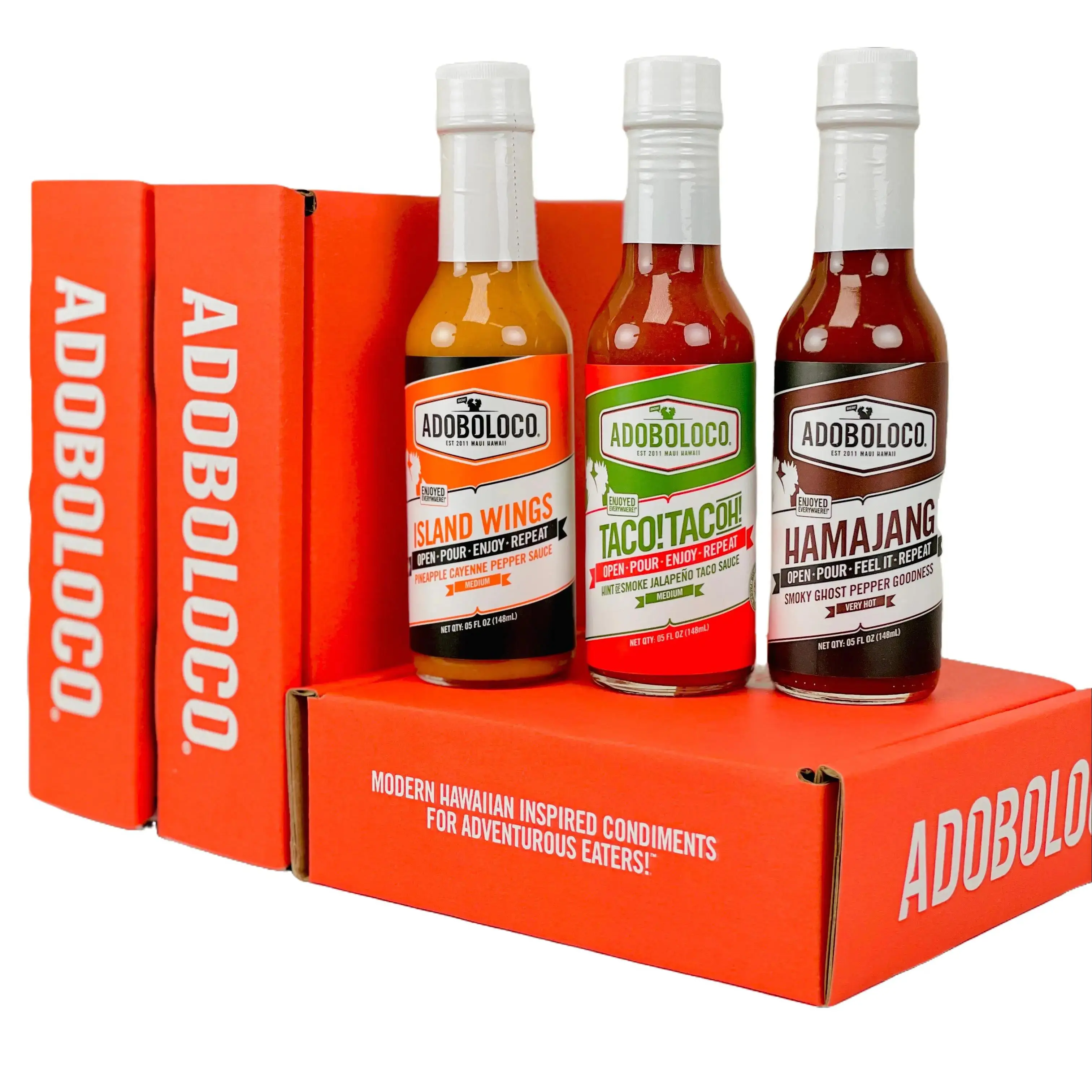 Adoboloco Dads Favorit Hot Sauce Gift Set (3 Bottles) From Mild Island Vibes to Ghost Pepper Glory - 1 Island Wings, 1 Taco!Tacoh!, 1 Hamajang Smoked Ghost Pepper - Bold Flavor in All Three