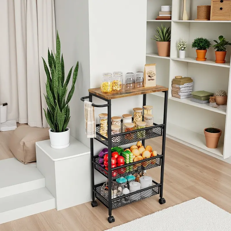 SUOERNUO Slim Rolling Storage Cart - 4-5 Tiers, Narrow Design, Locking Castors, MDF Board Top, Metal Handle, Easy Installation, 16.54"d x 5.11"w x 30.31"h, Kitchen Racks, Small-Space Hero for Storage Organization