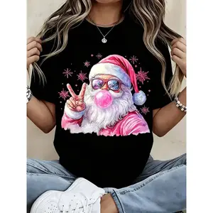 Funny Santa Claus Blowing Bubble Gum Christmas T-Shirt For Women, Casual Holiday Graphic Tee With Sunglasses And Peace Sign, Festive Xmas Top For Party Or Gift