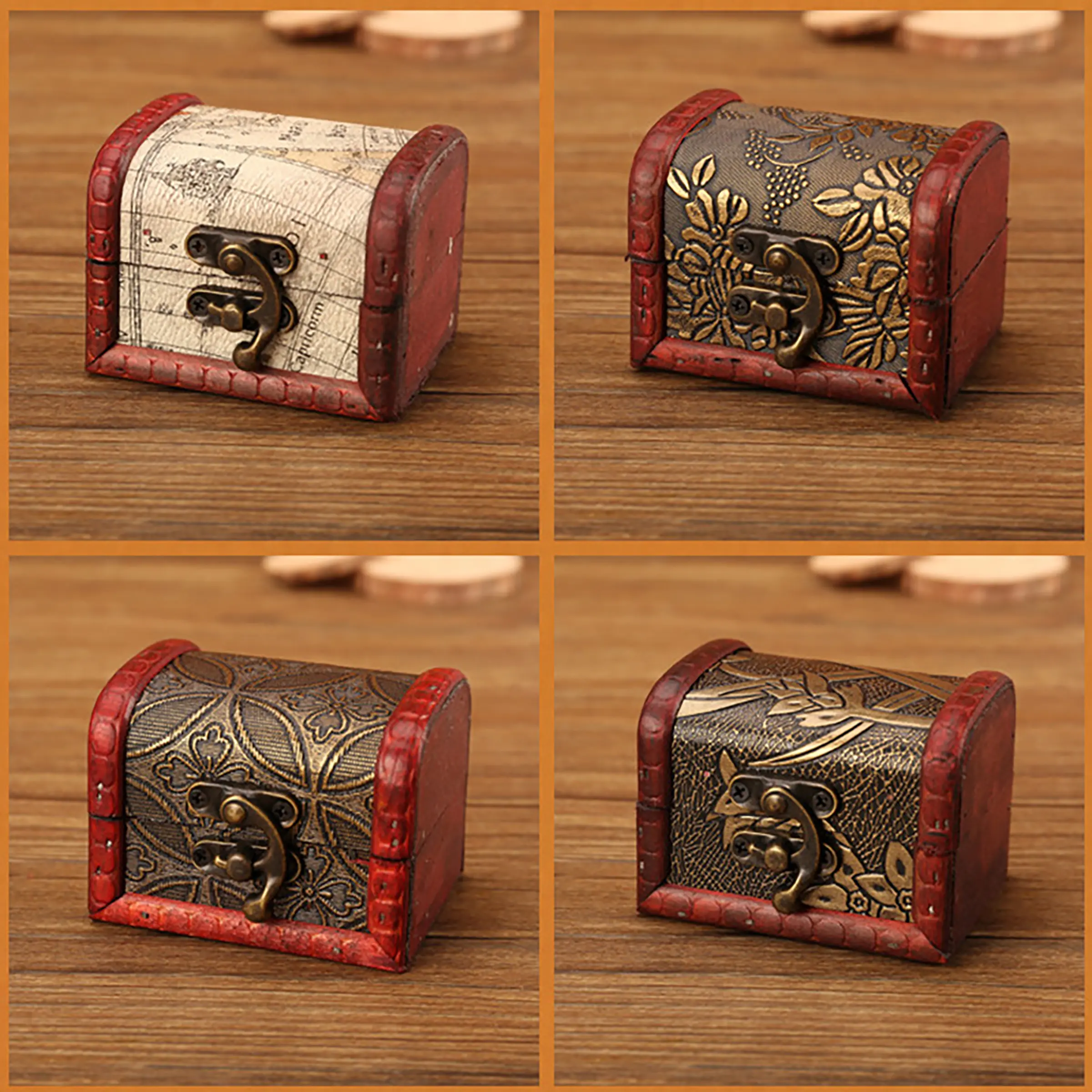 Set of 4 Vintage European Wooden Storage Boxes, Jewelry Organizer Box, Decorative Gift Packaging Box, Home Decoration Accessories, Lockable Jewelry Storage