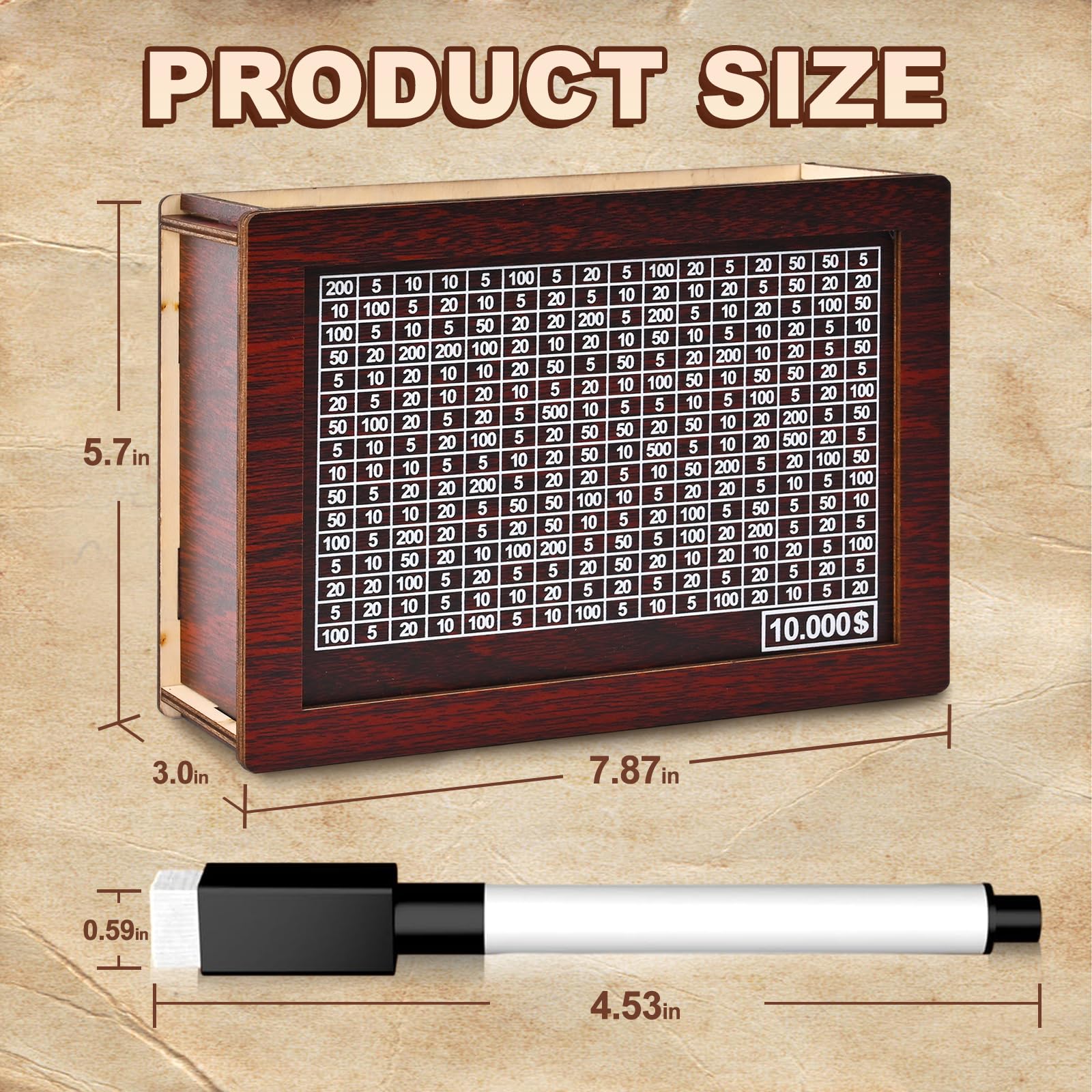 10000 Savings Challenge Box, Wooden Money Saving Piggy Bank for Adults Kids, Reusable, Targets 10k