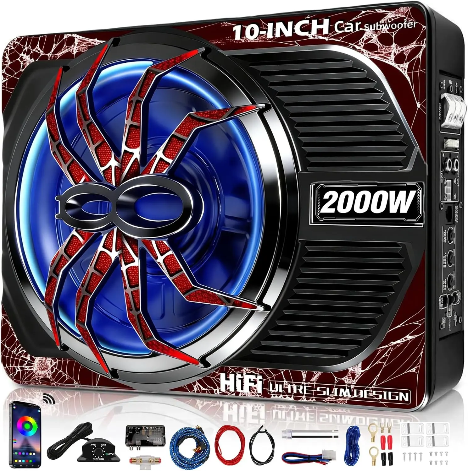 10" 2000W Under Seat Car Subwoofer with Amplifier Package, Slim Low Profile Compact Design, LED Ambient Light, Deep Bass, LPF/Gain/Bass Boost Controls for All Vehicles