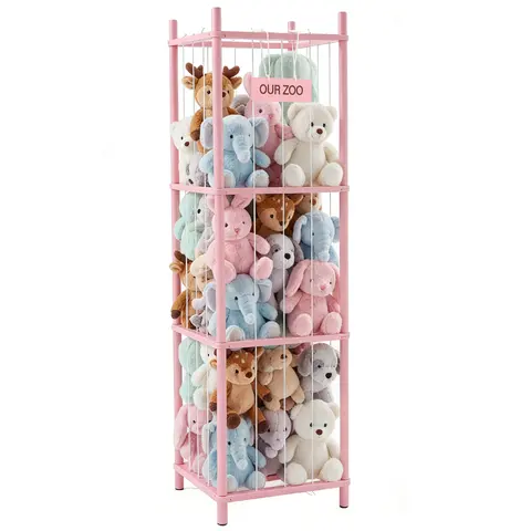 Sweetcrispy Cage-Style Stuffed Animal Storage Holder (54.35in) - 40+ Plush Capacity Home Organizer Basket with Wooden Base, Elastic Cord Hold, Over 40 Slots, Space-Saving for Kids' Rooms, Encourages Tidy Habits Through Play