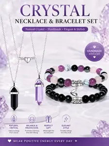 Natural Amethyst Bracelet with a Turquoise Heart-Shaped Magnet Clasp, suitable for both men and women, ideal for gifting between couples. Includes a Crystal Healing Jewelry Set, featuring a Hexagonal Bead Necklace and Bracelet Combo