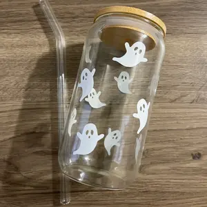 Ghostie Beer Can Glass with Bamboo Lid and Glass Straw