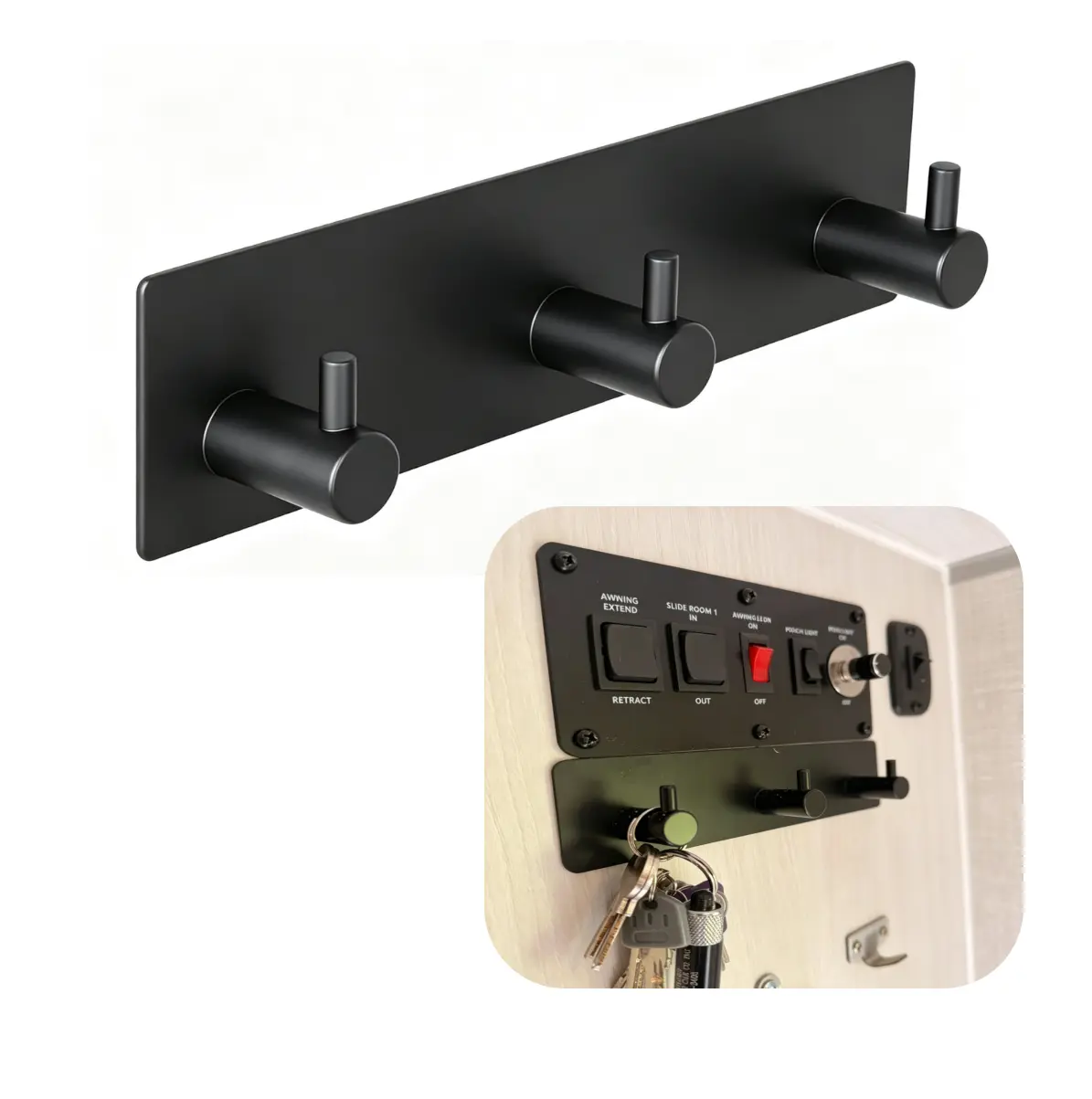 Self-Adhesive RV Key Holder Rack - 4-Hook Wall Mounted Organizer with 2 Tapes, No-Damage Design for Entryway, Door, Kitchen