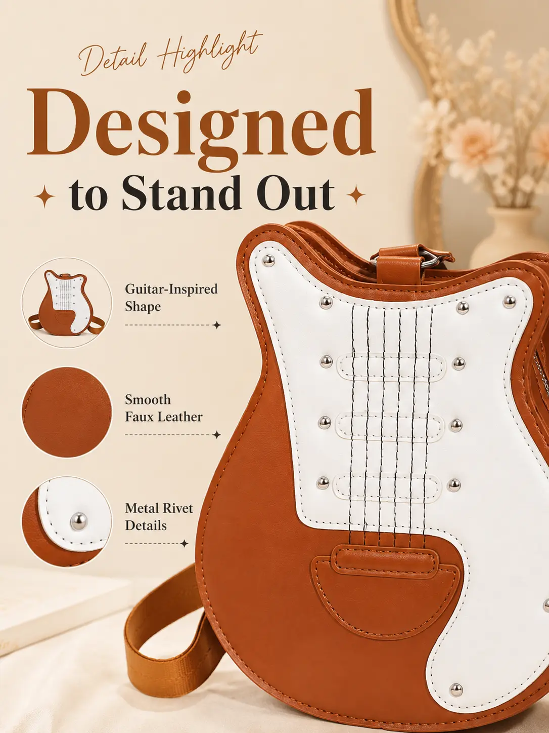 Y2K Guitar Shaped Medium Vegan Leather Crossbody Bag Purse with Adjustable Strap & Multi-Purpose Design for Women