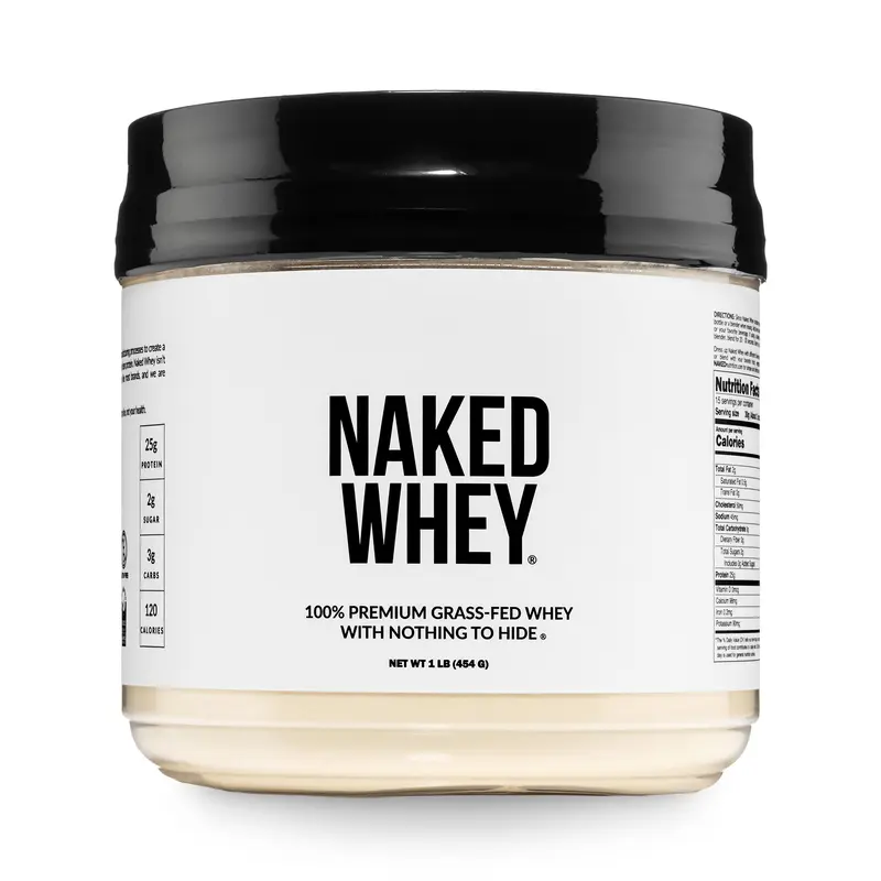Naked Whey Unflavored - 100% Premium Grass Fed Whey Protein Powder - 1LB Grass-Fed, Non-GMO, No Additives, 25g Protein, 5.9g BCAAs - Only 1 Ingredients