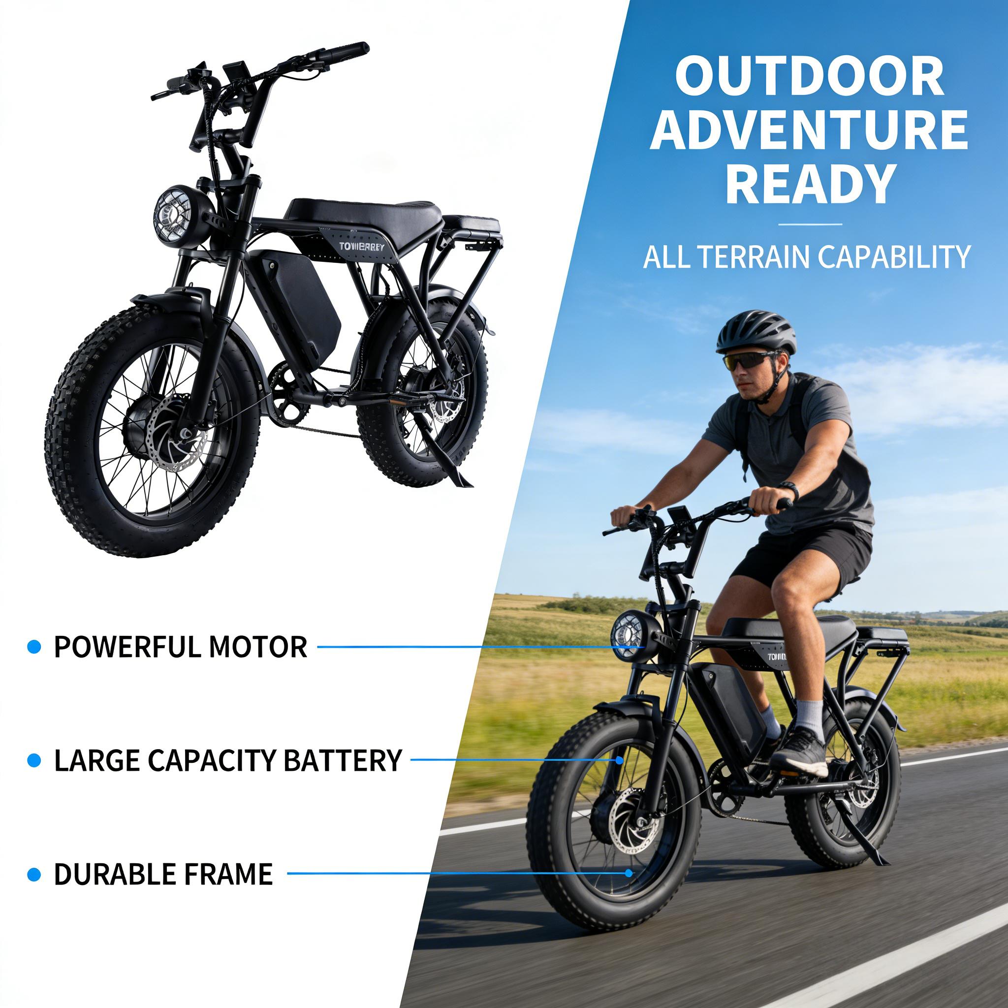 T8  Our off-road electric bike，with a 1150W motor for tough trails, 60V 15Ah battery, max 28MPH speed, 80-mile range, 20"×4 fat tires and Shimano 7-Speed—built for adventure, ideal for enthusiasts seeking power and durability.