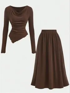Elegant Women's Coffee Ribbed Asymmetrical Hem Top & A-Line Skirt Set, Plus Size Fashion, Vintage Style