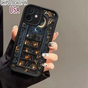 Creative and fashionable moon bookshelf pattern Case for iPhone 17 16 15 14 Pro Max 13 12 11 XR XS Plus Shockproof Drop Protection Rugged Durable Silicone Cover
