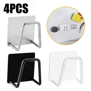 4pcs Hook, Stainless Steel Sponge Holders, Punching-Free Sink Sponge Drain Storage Racks, Self Adhesive Drain Drying Rack, For Kitchen And Bathroom, Kitchen Organizers And Storage, Kitchen Accessories, Wall Mounted Storage